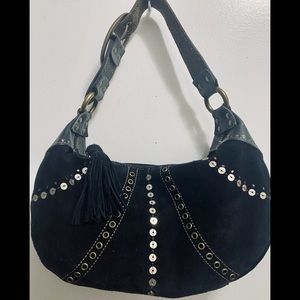 Fossil vintage black suede/leather with brass metallic sequin accents